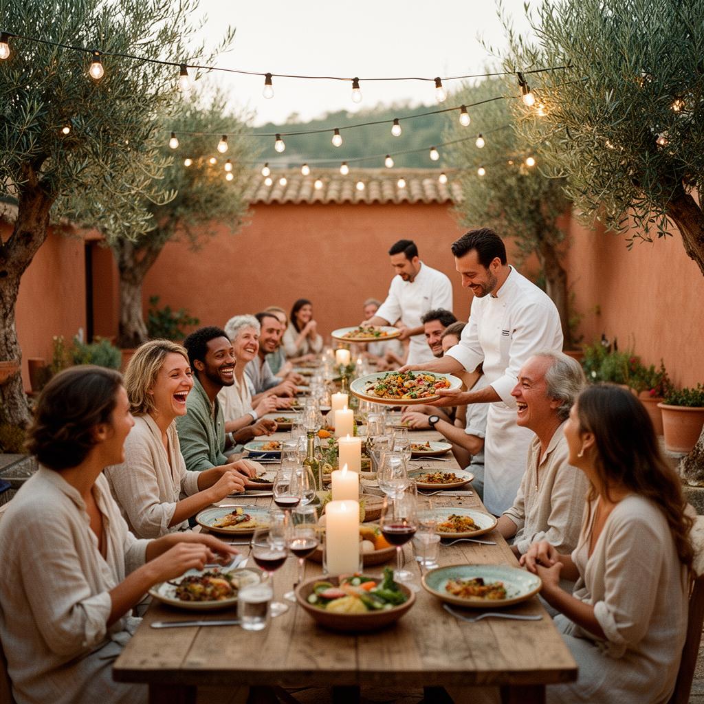 Friends gathered around a long Portuguese dinner table at sunset