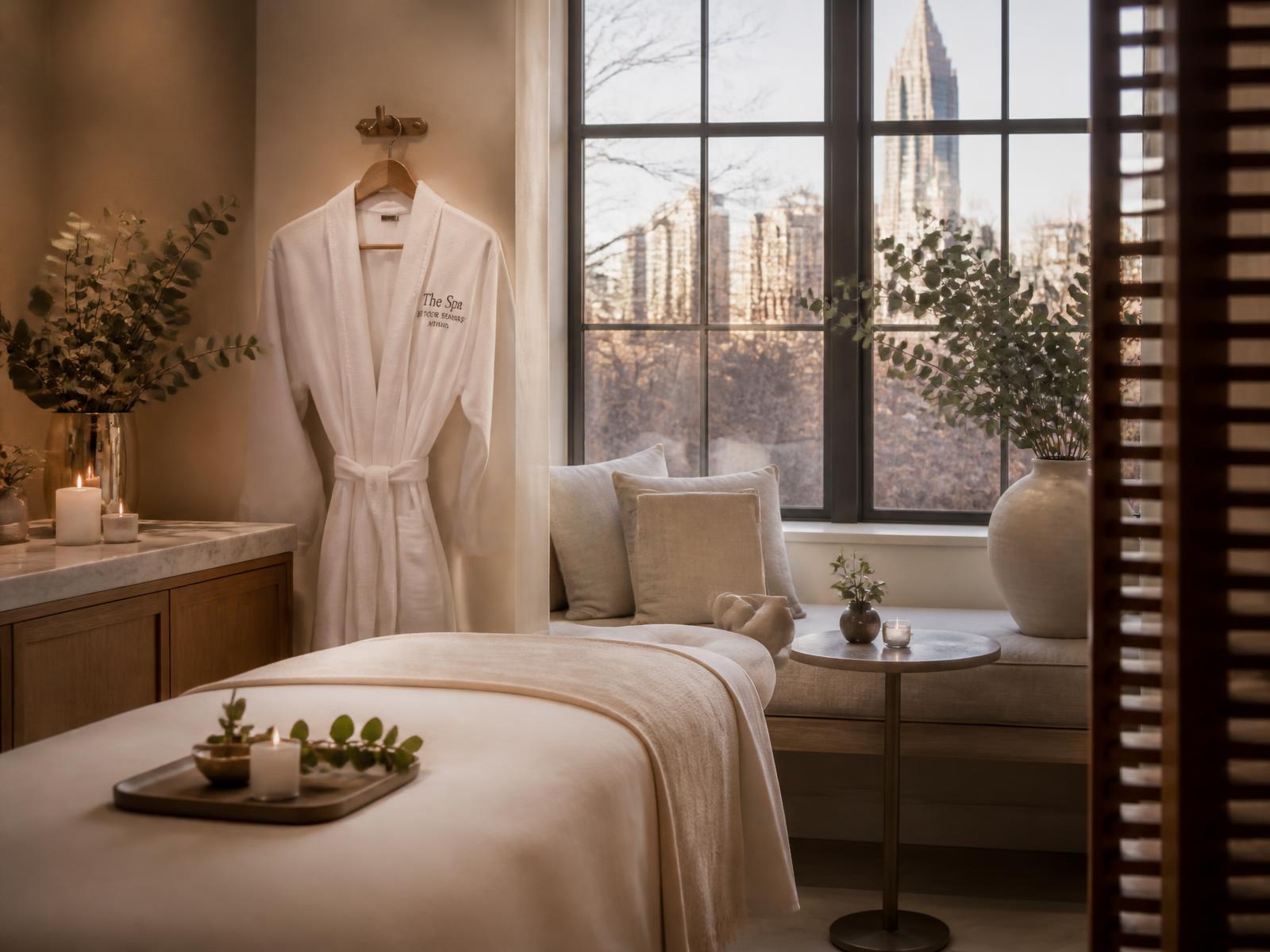 Warm spa treatment room with robes, candles and winter light in Atlanta