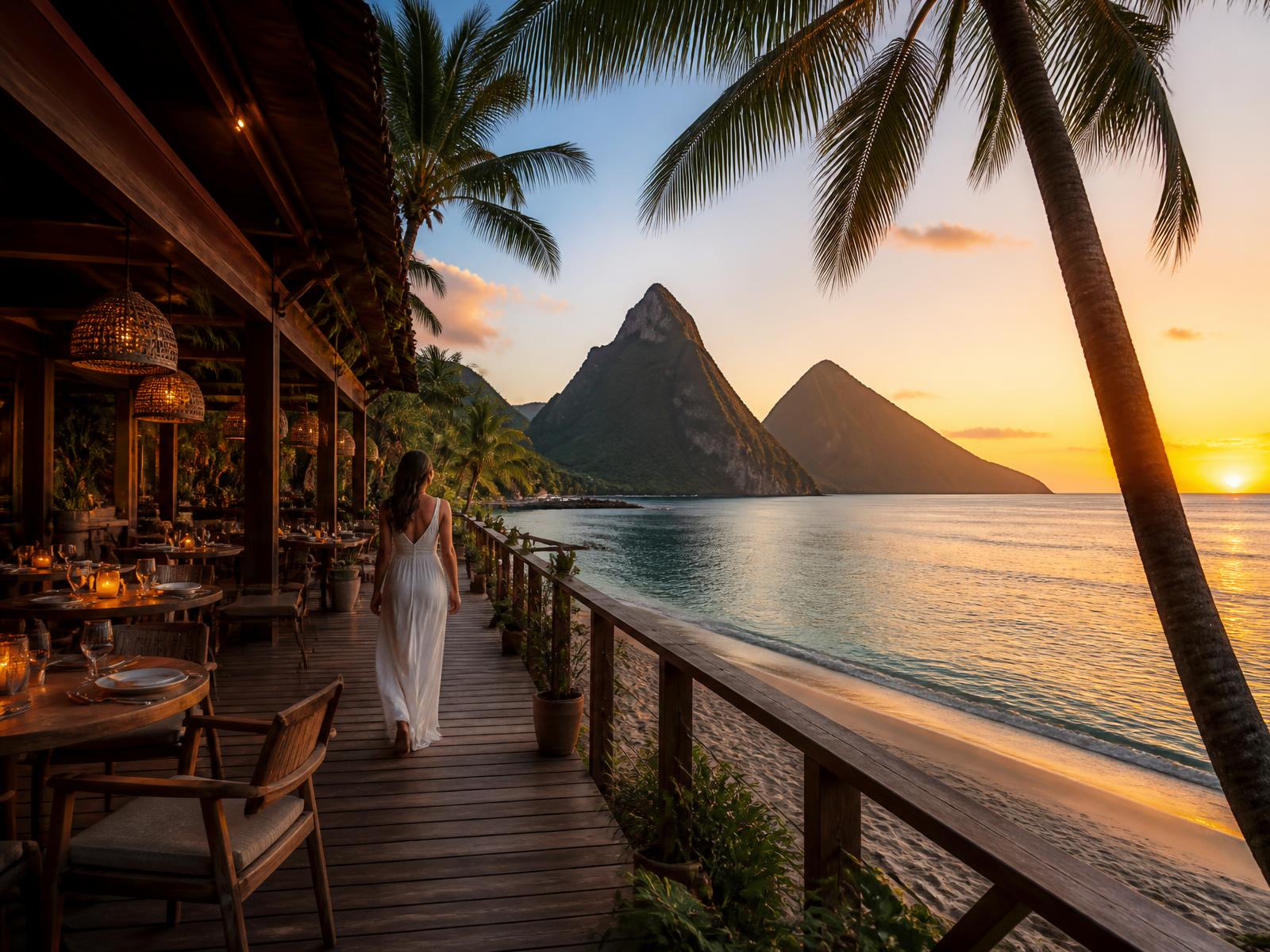 Boutique St. Lucia resort deck above the beach with the Pitons at sunset