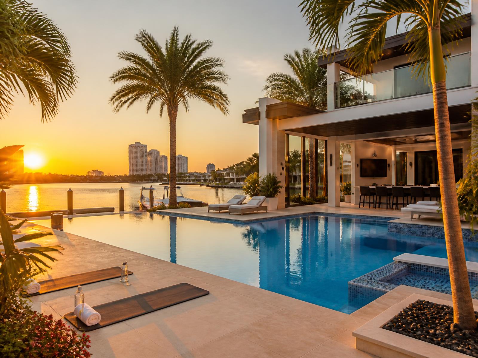 Luxury waterfront Tampa home with pool and yoga mats at sunset